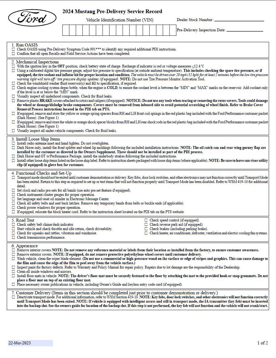 S650 Mustang 2024 Mustang PDI (Pre-Delivery Inspection) Checklist Released 1689730258653
