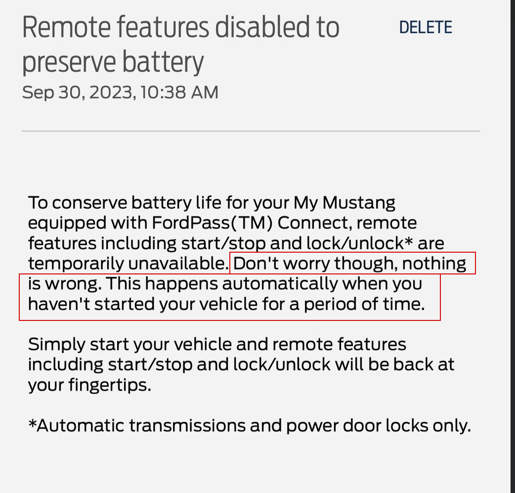 S650 Mustang Remote features disabled to preserve battery - Fordpass message 1696207761762