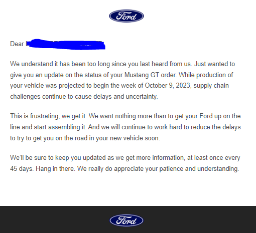 S650 Mustang Dreaded 45-day supply chain delay email 1697680237052