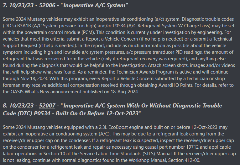 S650 Mustang TSBs, SSMs, and recalls for the '24 Mustang 1698229280836