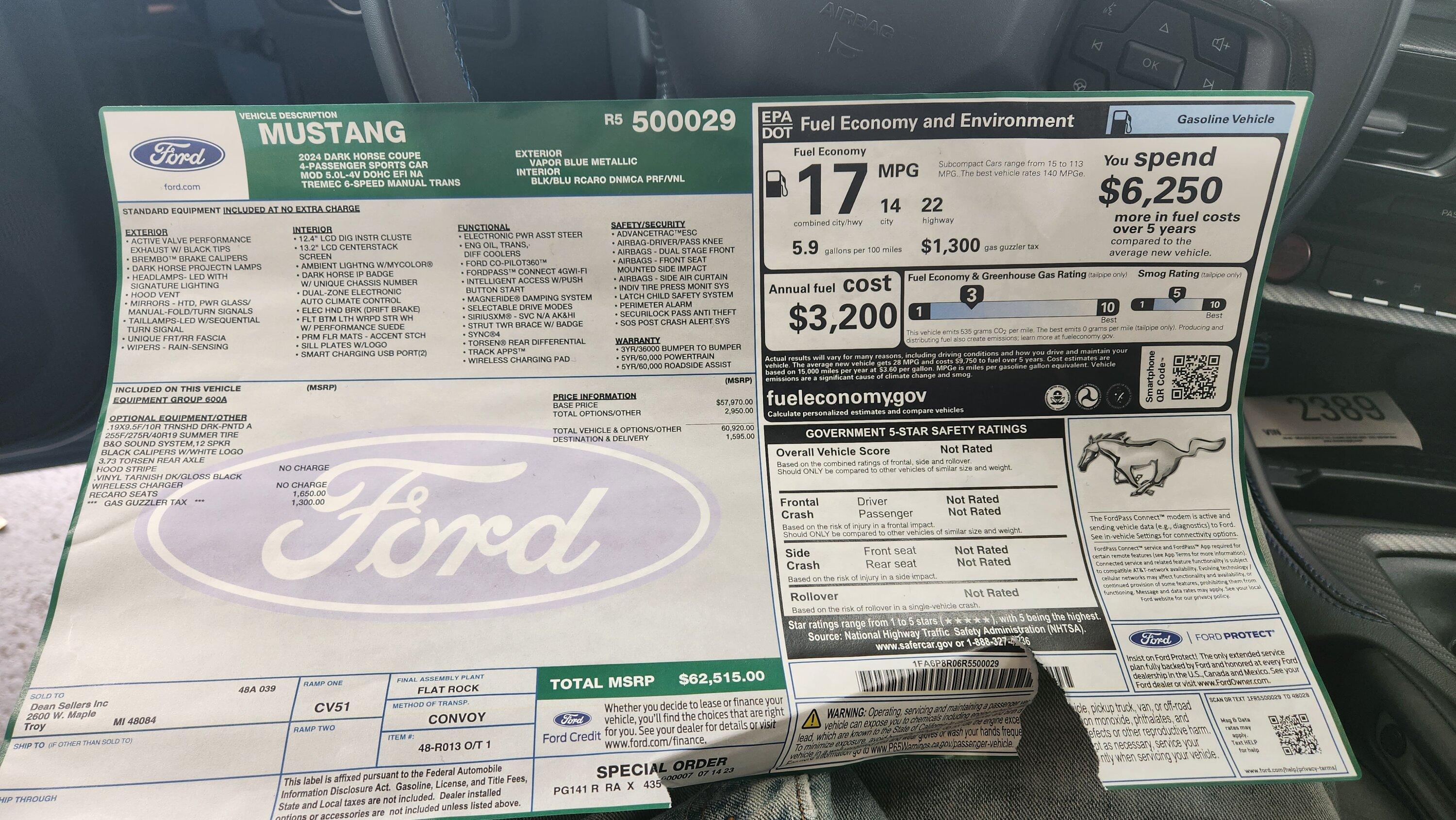S650 Mustang 2024 Dark Horse Vapor Blue Metallic (600A, manual, Recaro seats) - Cincinnati, OH 20230919_144540