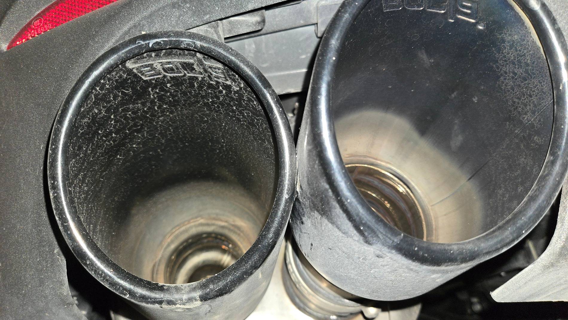 S650 Mustang Borla Atak Catback exhaust tips sticking together 20241203_153027