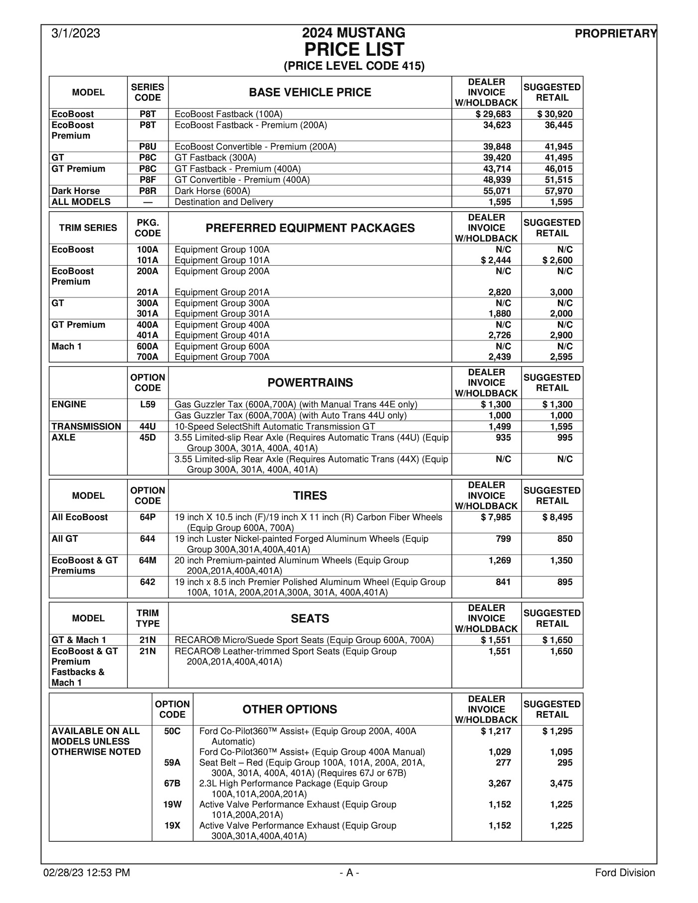 S650 Mustang Latest 2024 Mustang Order Guide and Price List (w/ MSRP & Invoice)! 2024MY Mustang PL415 Price List-1
