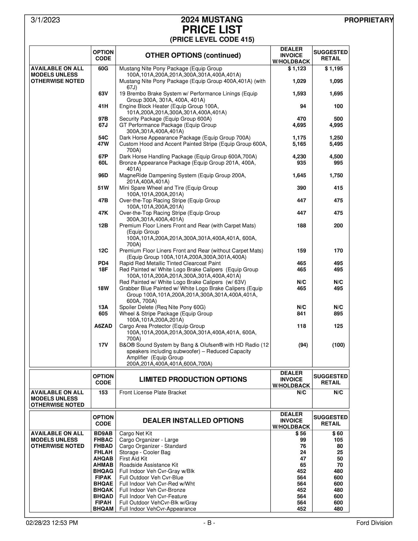 S650 Mustang Latest 2024 Mustang Order Guide and Price List (w/ MSRP & Invoice)! 2024MY Mustang PL415 Price List-2