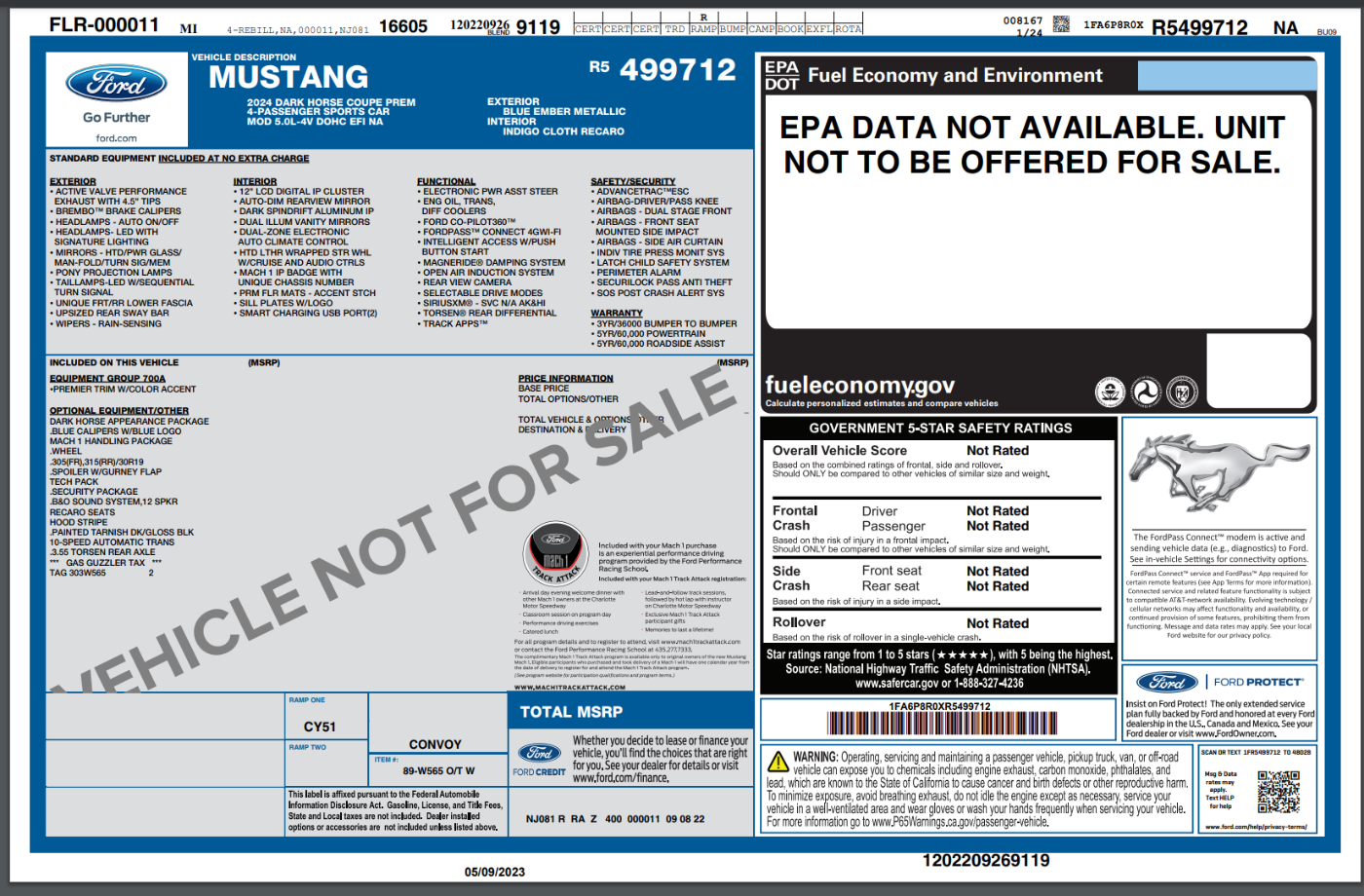 S650 Mustang 2024 Dark Horse on display at dealer "For Sale" (Blue Ember) 32180518411x1400