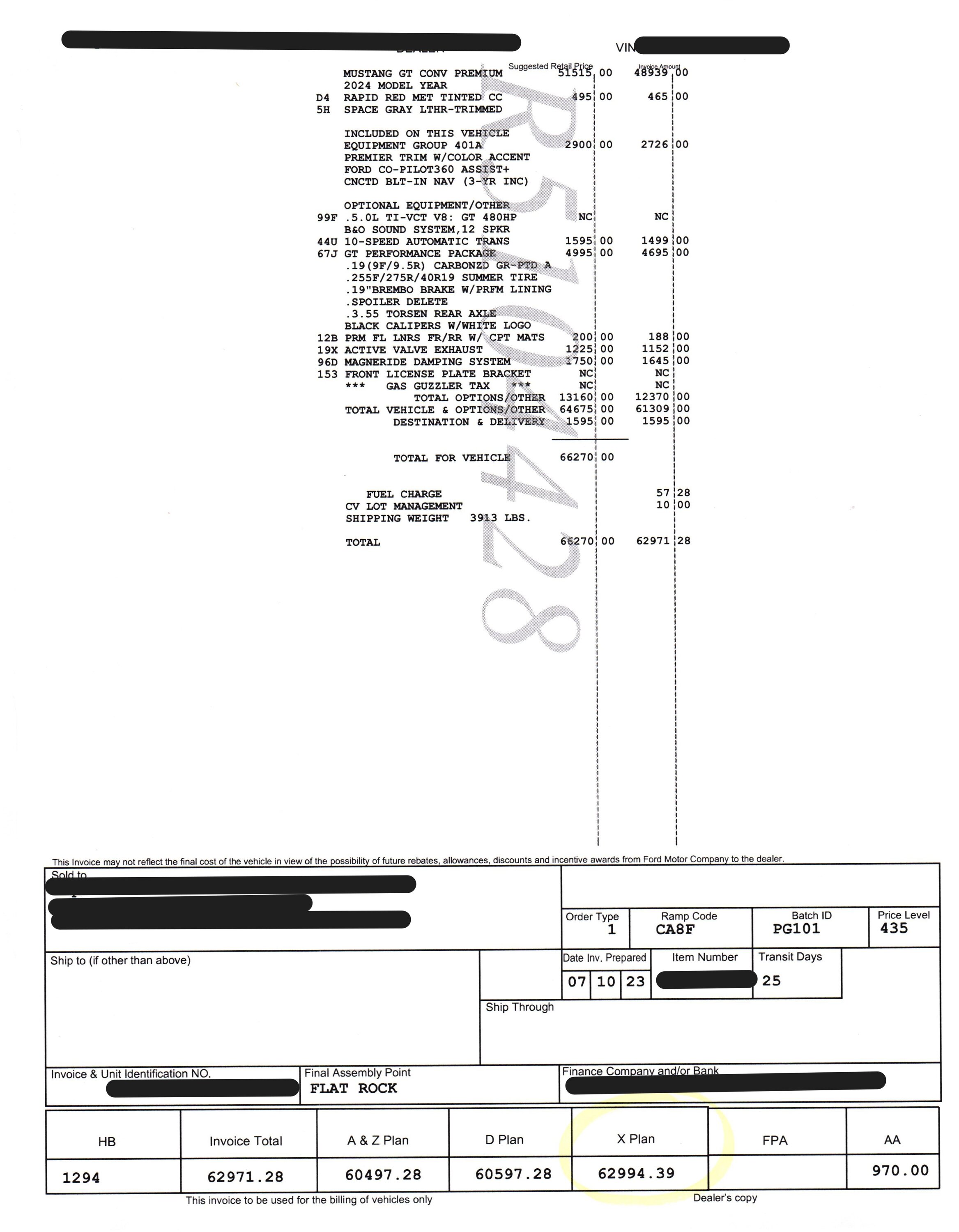 S650 Mustang Dealer Invoice + A, D, X & Z-Plans Dealer Invoice