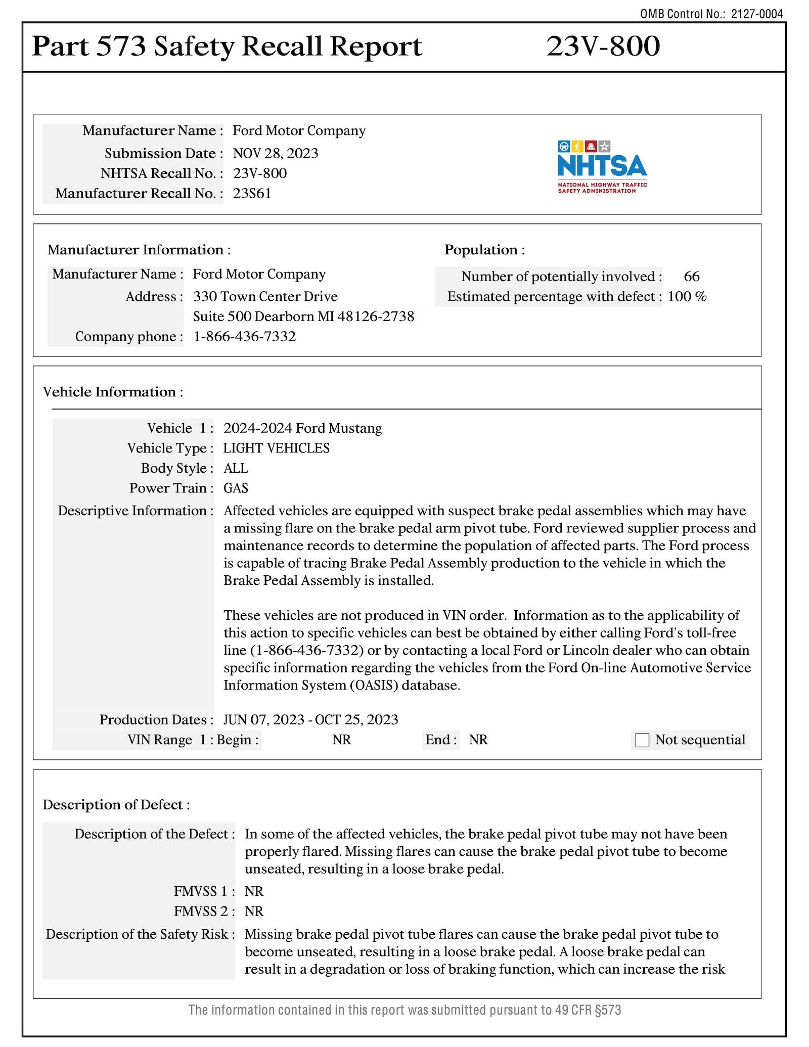 S650 Mustang First 2024 Mustang Safety Recall (23S61) - Brake Pedal Assemblies ford-recalls-2024-mustang-over-loose-brake-pedal-owners-told-not-to-drive-their-cars-225689-1