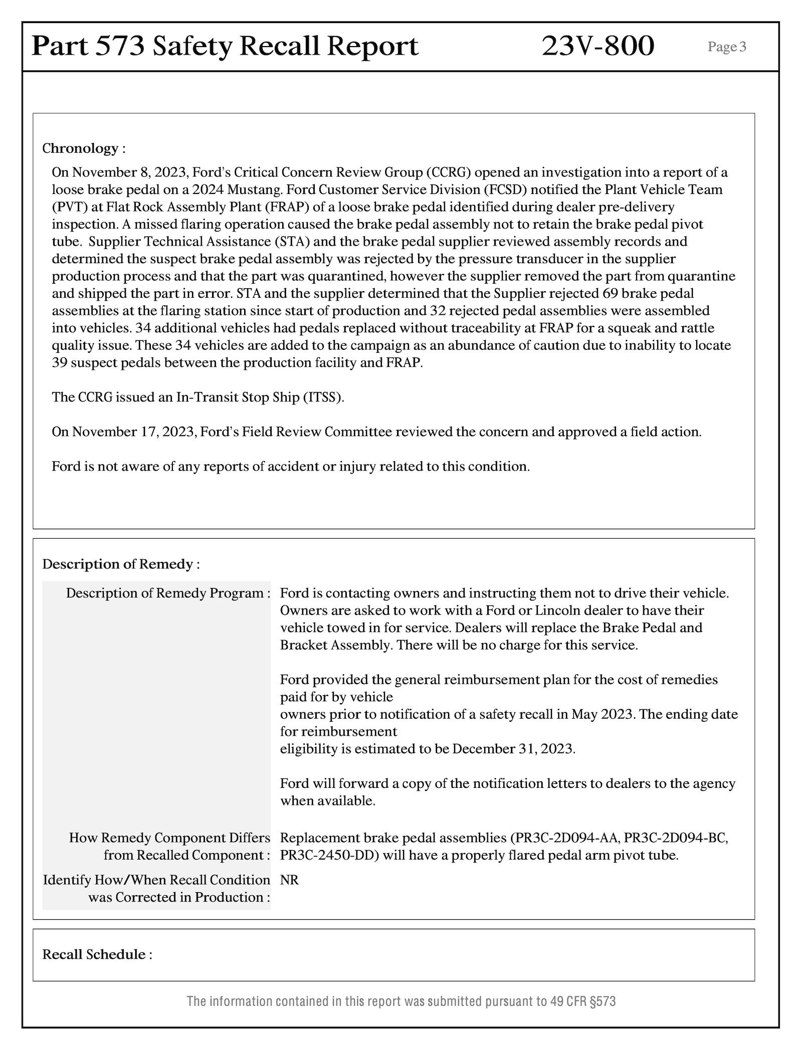 First 2025 Mustang Safety Recall (23S61) Brake Pedal Assemblies