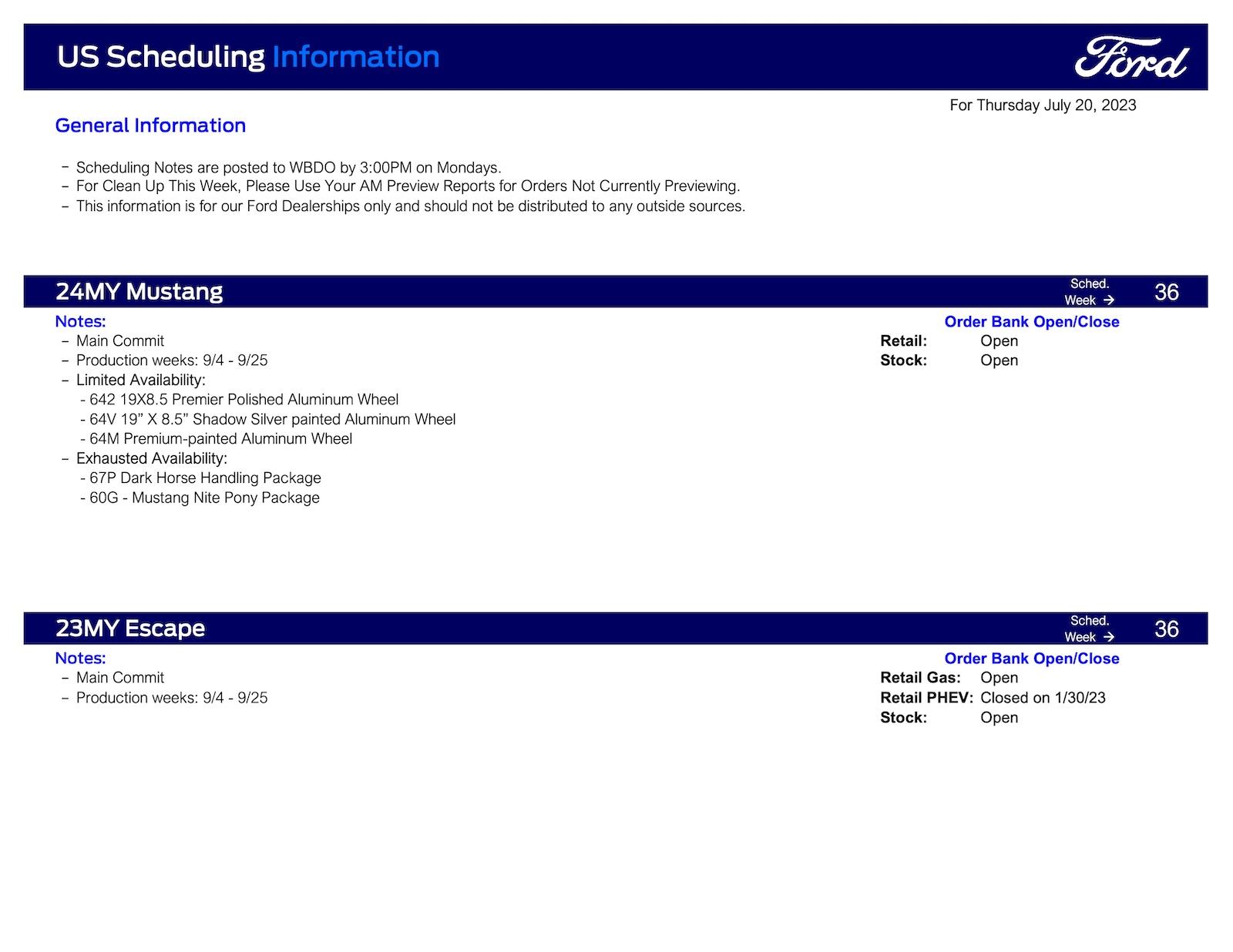 S650 Mustang Mustang Scheduling This Week (7/20/23) for Production Weeks 9/4-9/25 Ford Scheduling Information - 7.17.23-1