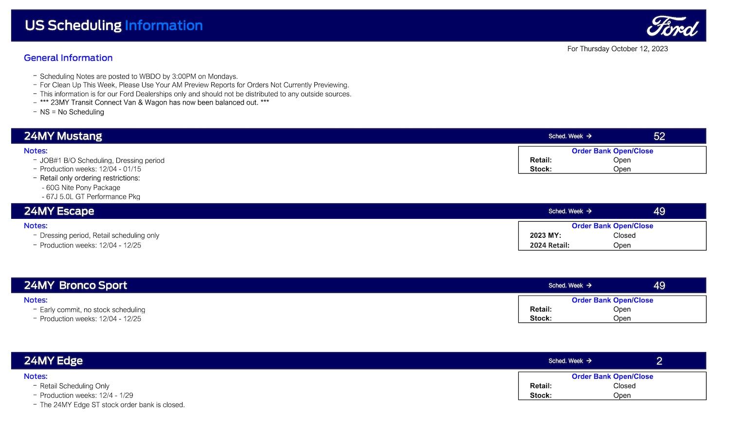 S650 Mustang Mustang Scheduling Job #1 Balance Out Orders This Week (10/12/23) For Production Weeks 12/4/23 - 1/15/24 Ford Scheduling Notes - 10.09.23-1