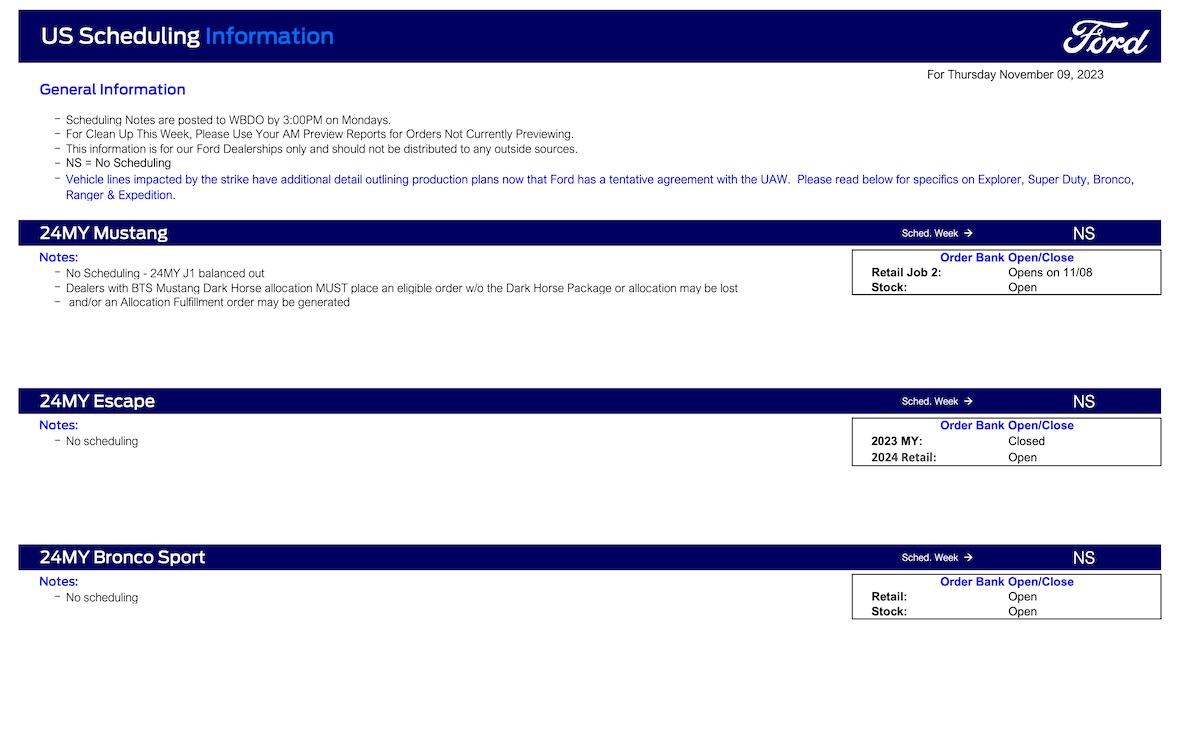 S650 Mustang No Mustang Scheduling This Week (11/9/23) Ford Scheduling Notes - 11.6.23-1