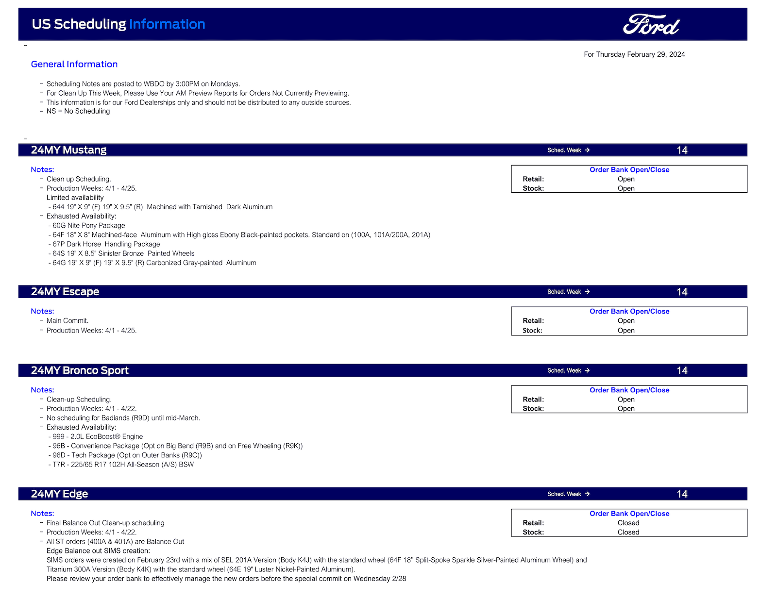S650 Mustang 2024 Mustang Clean-up Scheduling This Week (2/29/24) for Production Weeks 4/1 - 4/25 Ford Scheduling Notes - 2.26.24-1