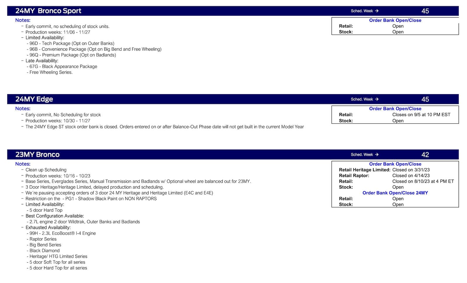 S650 Mustang Mustang Scheduling This Week (9/14/23) for Production Weeks 10/30-11/27 Ford Scheduling Notes - 9.11.23-2