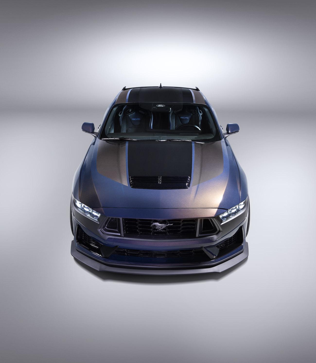 S650 Mustang New 2024 Mustang Dark Horse details: color-shifting Blue Ember paint, stripe options, interior look HERO 3 FINAL