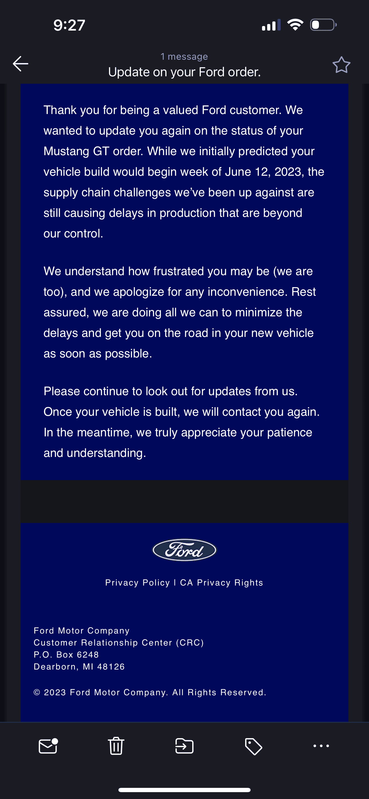 S650 Mustang Ford status update promise is more infuriating than comforting. IMG_2230