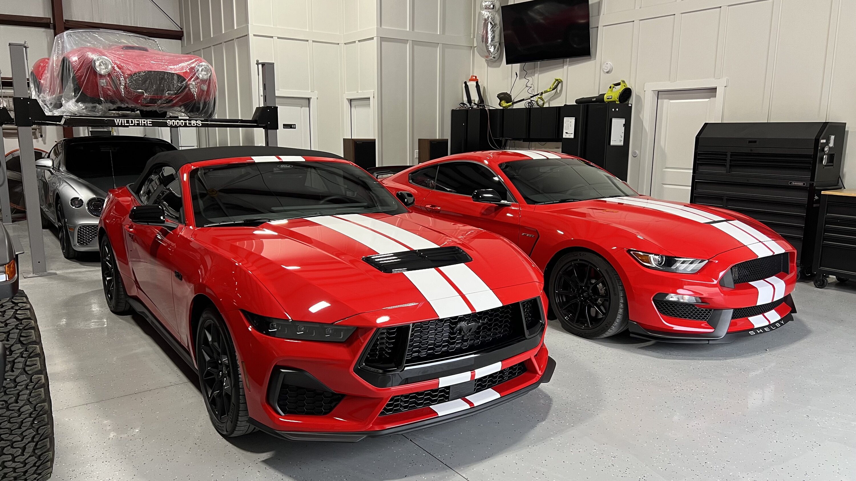 S650 Mustang S650 Red convertible with stripes next to GT350 IMG_9429