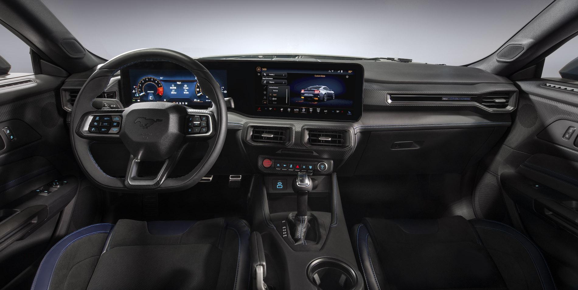 S650 Mustang New 2024 Mustang Dark Horse details: color-shifting Blue Ember paint, stripe options, interior look Interior Center Final_V4_Screen_3