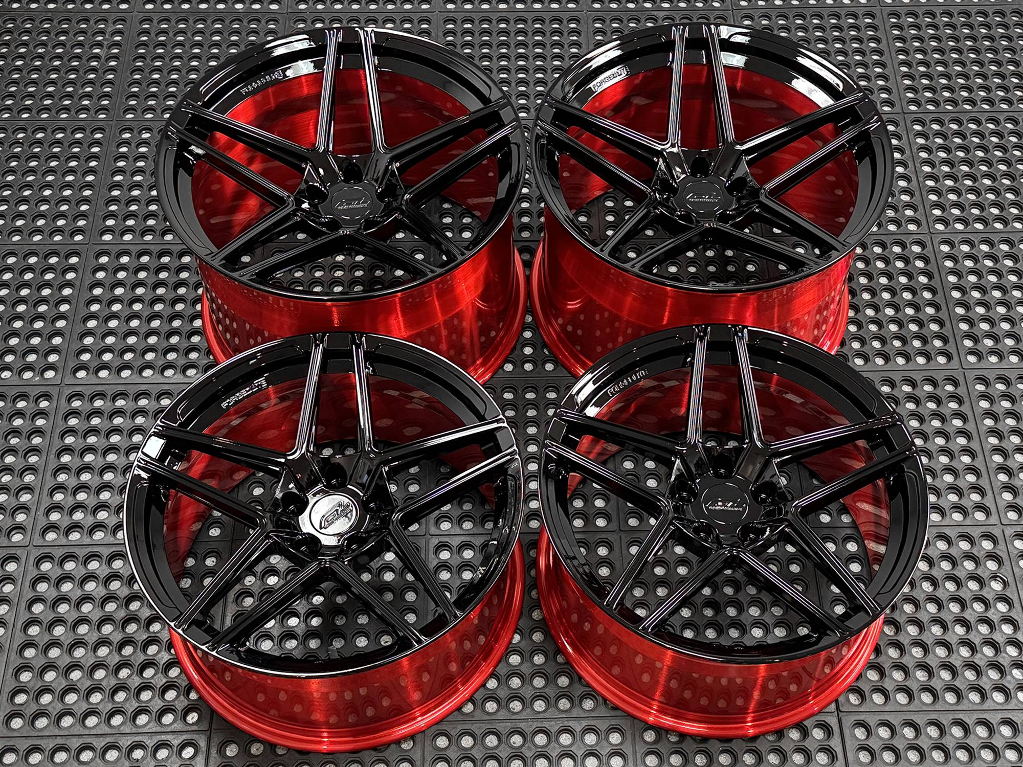 S650 Mustang 19" and 20" Forgedlite Wheels for your S650 Ford Mustang MC2-GLOSS-BLACK-BRUSHED-CANDY-RED-1