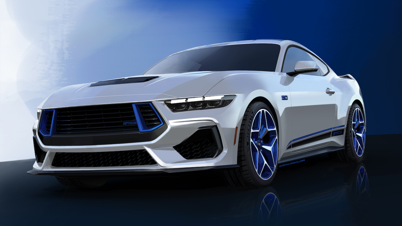 S650 Mustang 2024 Mustang GT California Special Package Revealed w/ Rave Blue Accent Styling, Wheels & Graphics Mustang GT California Special Front Three Quarter Sketch