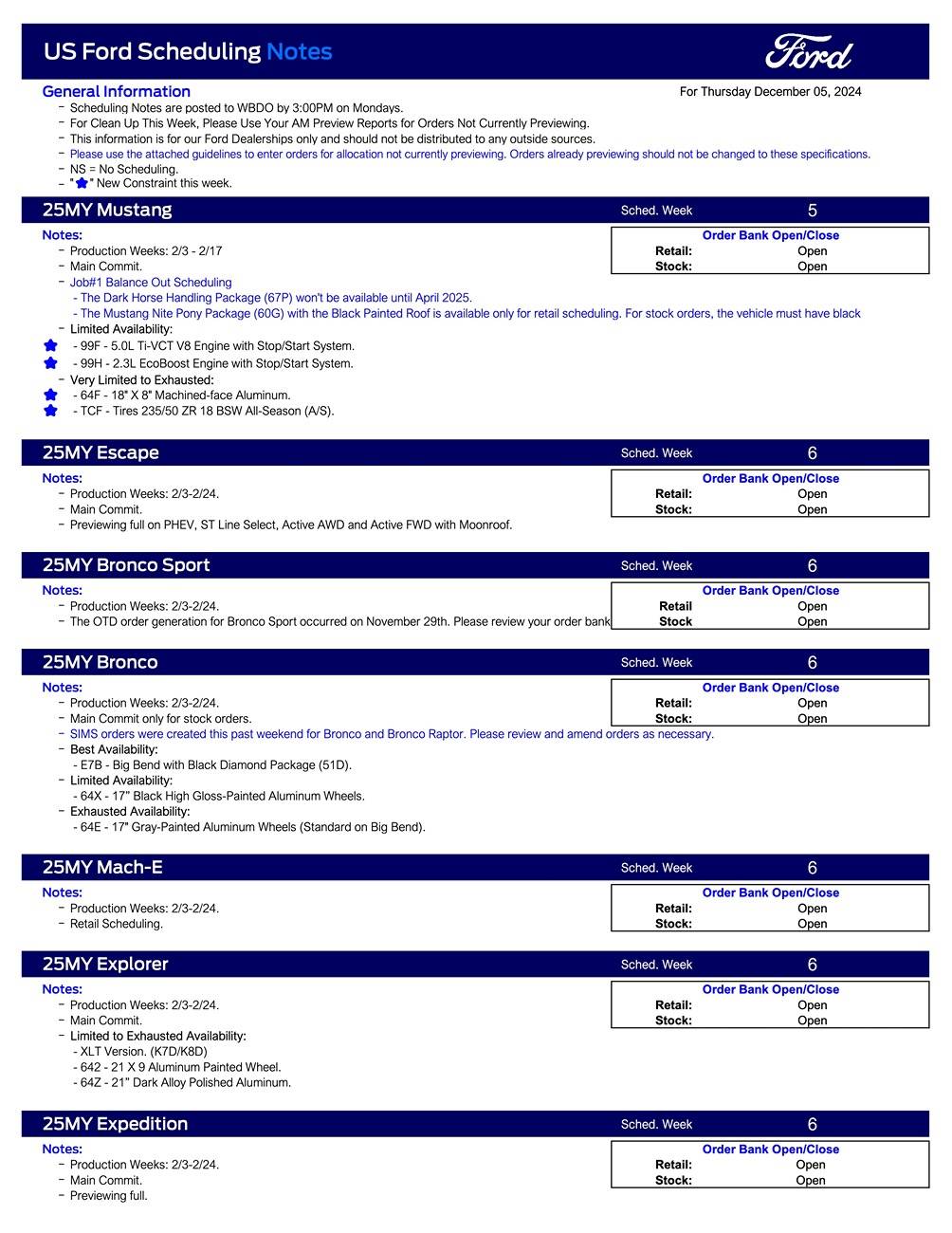 S650 Mustang 2025 Mustang Scheduling This Week (12/5/24) for Production Weeks 2/3 - 2/17/25 page 1