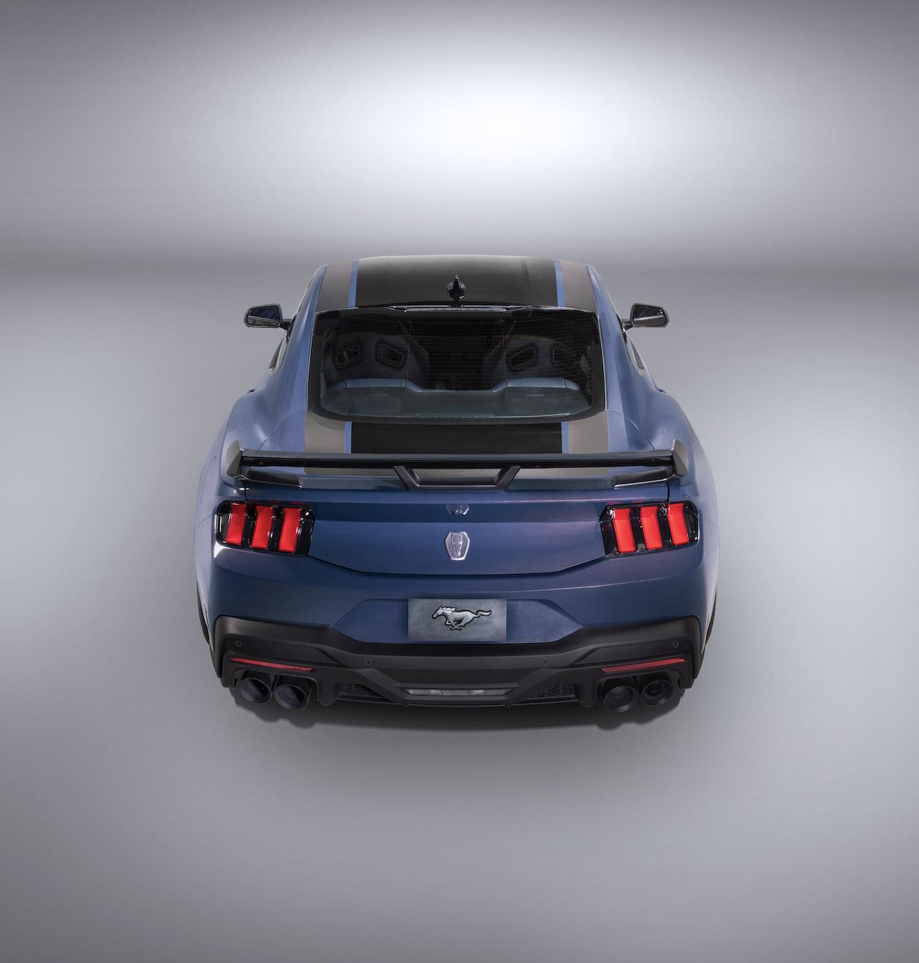 S650 Mustang New 2024 Mustang Dark Horse details: color-shifting Blue Ember paint, stripe options, interior look REAR 3 FINAL