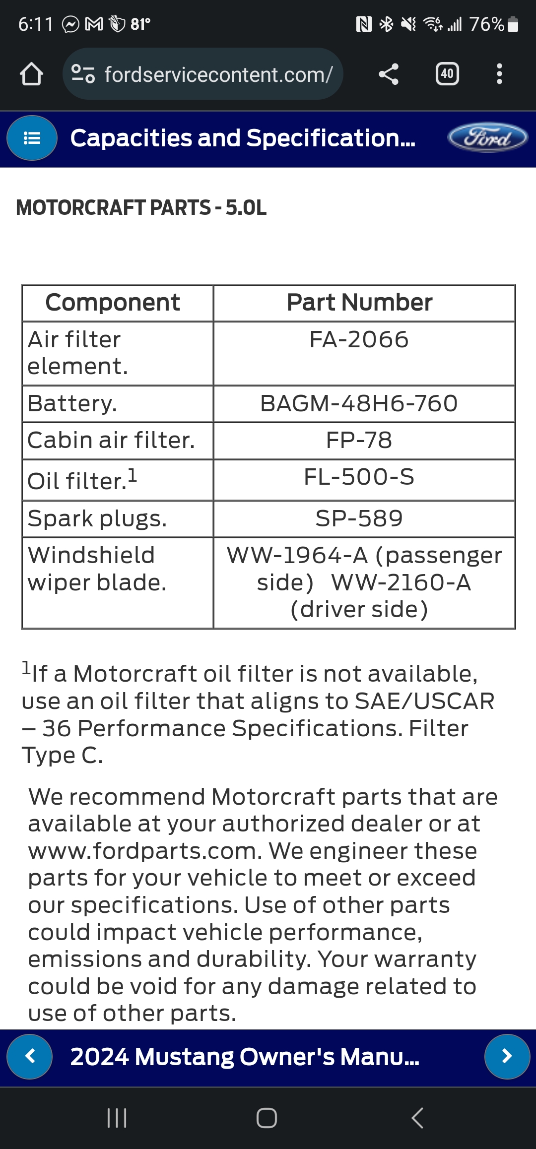 S650 Mustang GT Oil Filter part # number? Screenshot_20230921_181133_Chrome