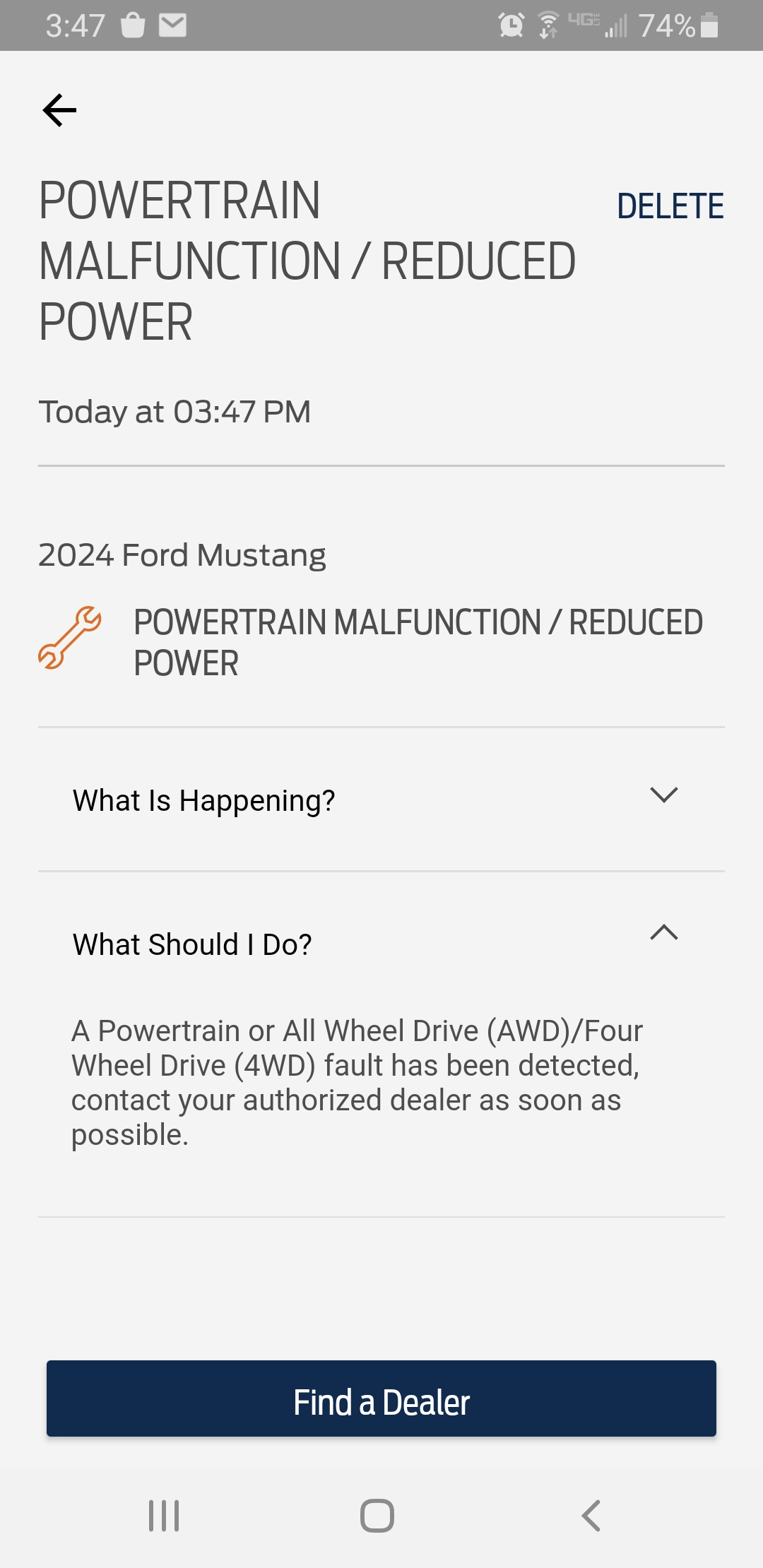 S650 Mustang Car's first hiccup: POWERTRAIN MALFUCTION/REDUCED POWER Screenshot_20231014-154732_FordPass