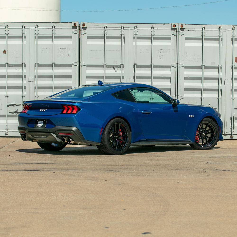 S650 Mustang Gloss Black SVE DHP1 Wheels On 2024 Atlas Blue Mustang GT sve-mustang-dhp1-wheel-nitto-tire-kit-19x10-11-black-24-25_24bd218a