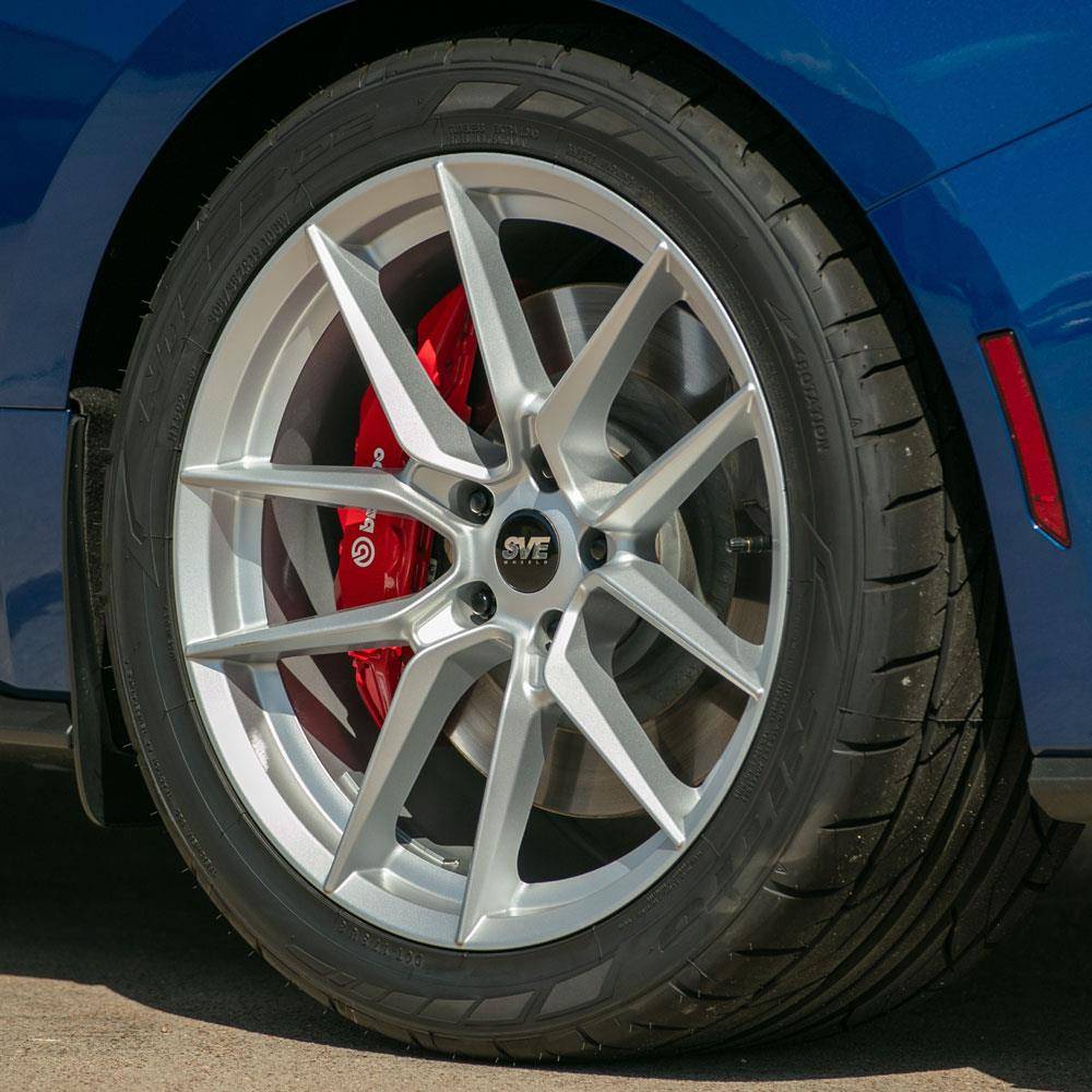 S650 Mustang Matte Silver SVE DHP1 Wheels On 2024 Atlas Blue Mustang GT sve-mustang-dhp1-wheel-nitto-tire-kit-19x10-11-silver-24-25_d24658dc