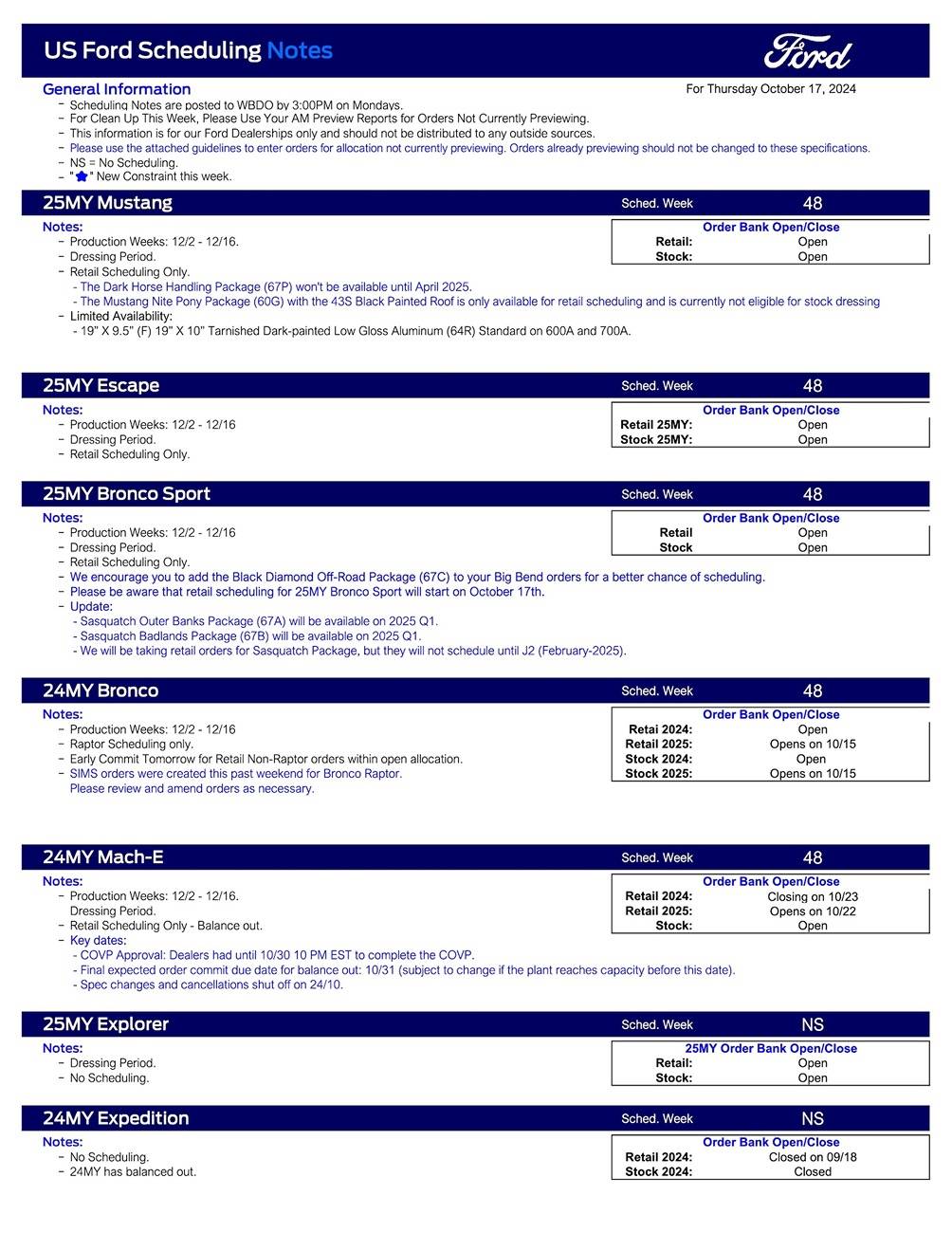 S650 Mustang 2025 Mustang Scheduling This Week (10/17/24) for Production Weeks 12/2 - 12/16 US Ford Scheduling Notes - 10.14.24-1