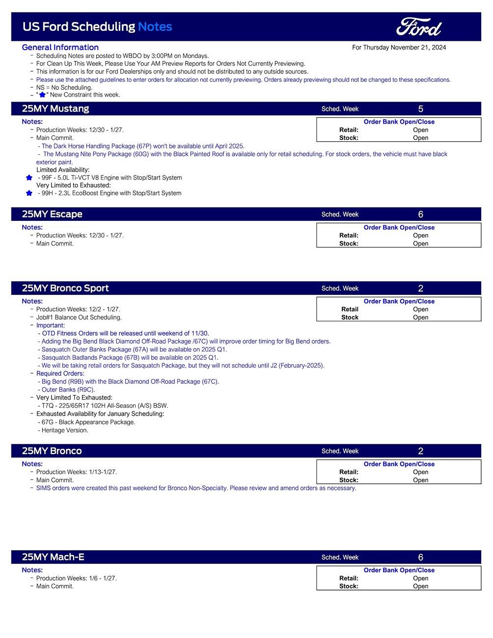 S650 Mustang 2025 Mustang Scheduling This Week (11/21/24) for Production Weeks 12/30-1/27 US Ford Scheduling Notes - 11.18.24-1