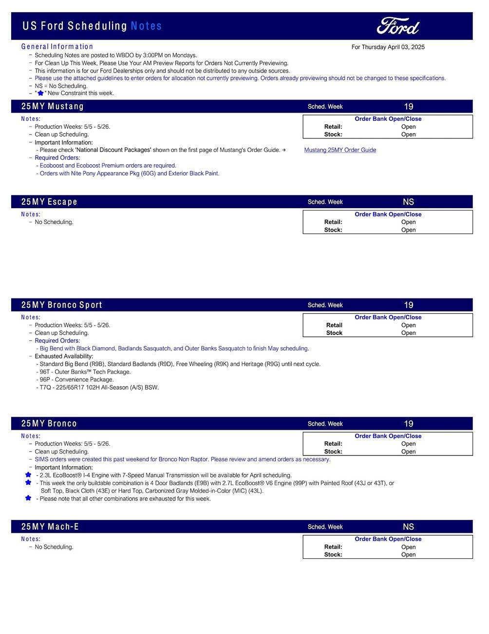 S650 Mustang 2025 Mustang Scheduling This Week (4/3/25) for Production Weeks 5/5 - 5/26 US Ford Scheduling Notes - 4.01.25-1