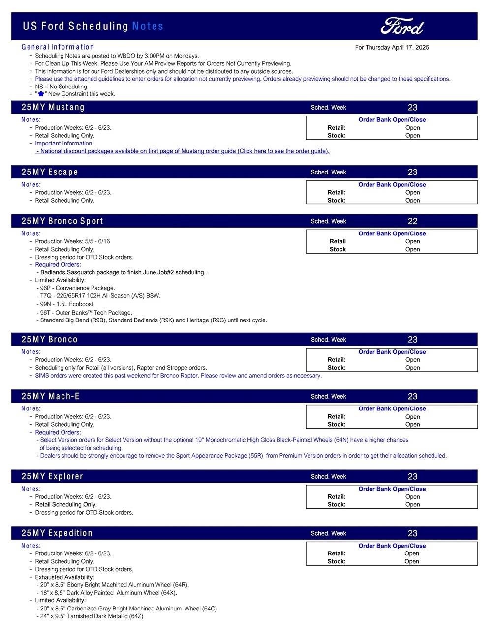 S650 Mustang 2025 Mustang Scheduling This Week (4/17/25) for Production Weeks 6/2 - 6/23 US Ford Scheduling Notes - 4.15.25-1