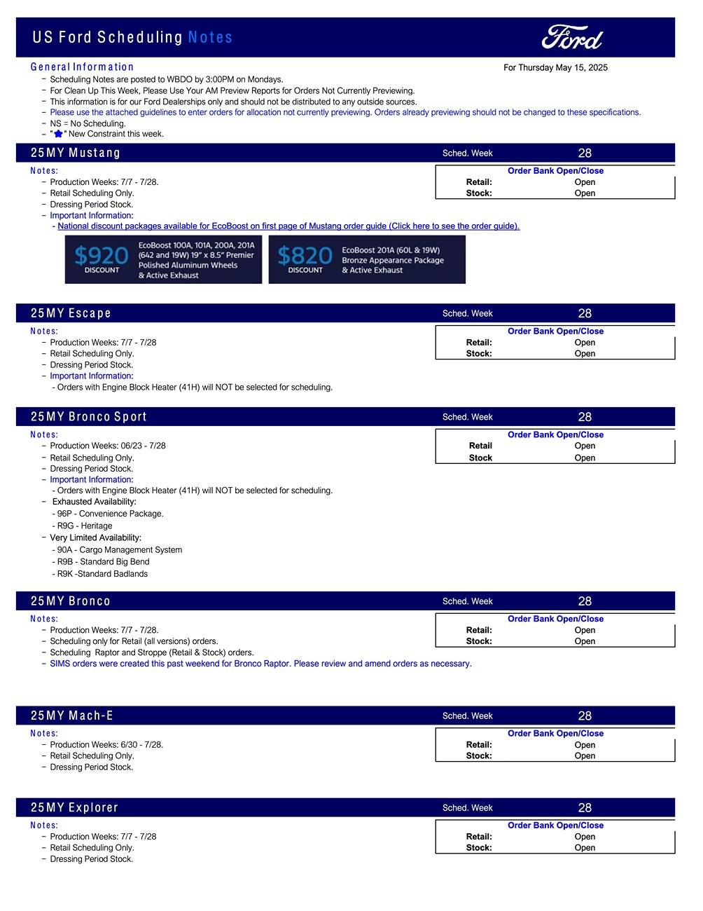 S650 Mustang 2025 Mustang Scheduling This Week (5/15/25) for Production Weeks 7/7 - 7/28 + EcoBoost Discount Packages US Ford Scheduling Notes - 5.13.25-1