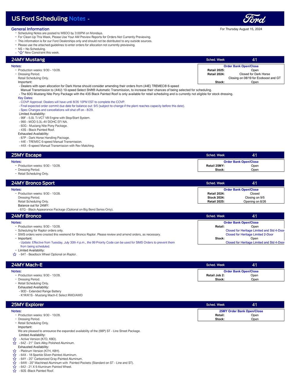 S650 Mustang 2024 Mustang Scheduling This Week (8/15/24) for Production Weeks 9/30 -10/28 US Ford Scheduling Notes - 8.12.24-1