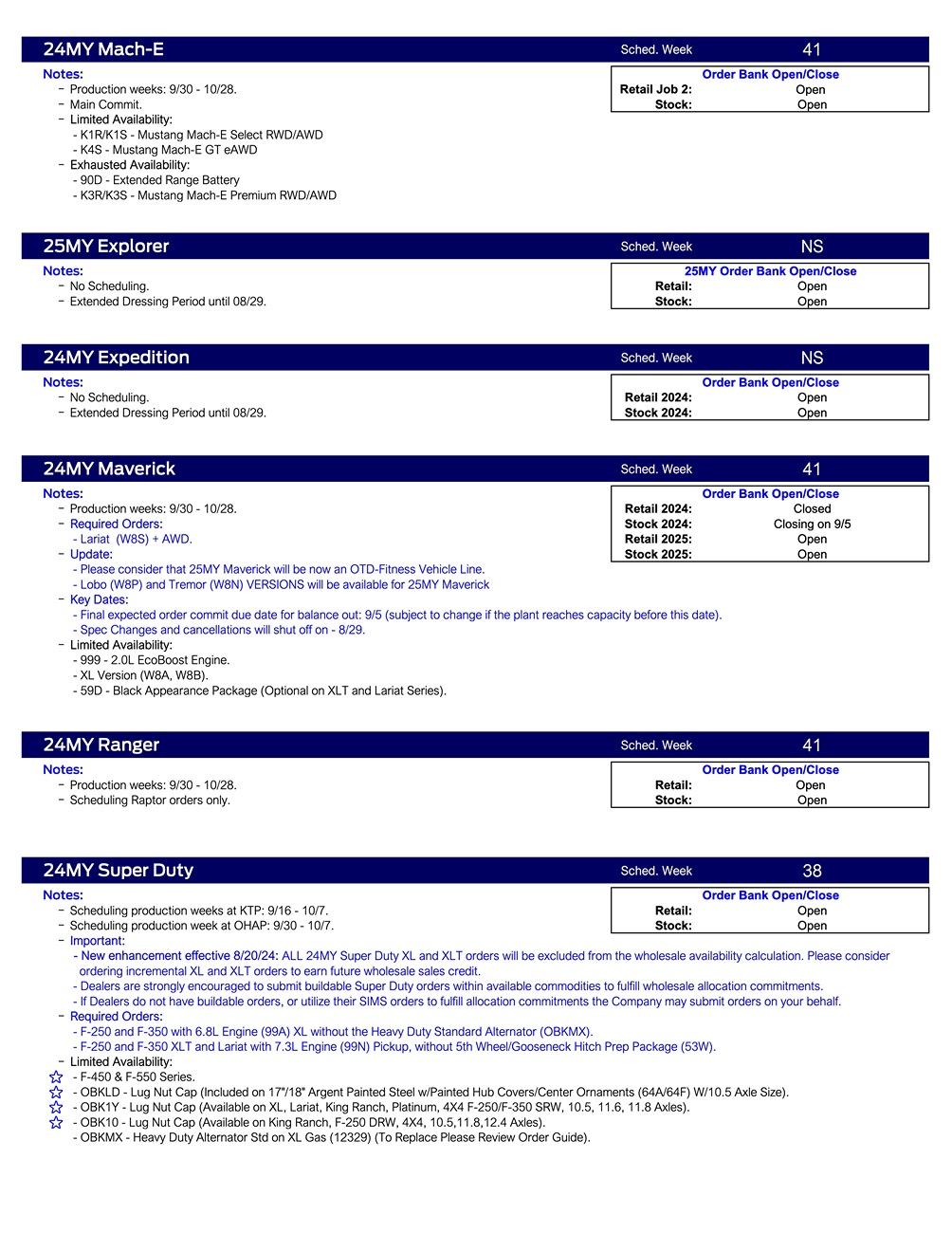 S650 Mustang 2024 Mustang Scheduling This Week (8/22/24) for Production Weeks 9/30 - 10/28 US Ford Scheduling Notes - 8.19.24-2