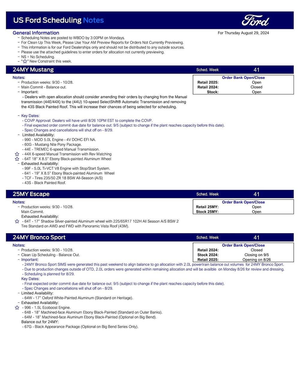 S650 Mustang 2024 Mustang Scheduling This Week (8/29/24) for Production Weeks 9/30 - 10/28 US Ford Scheduling Notes - 8.27.24-1