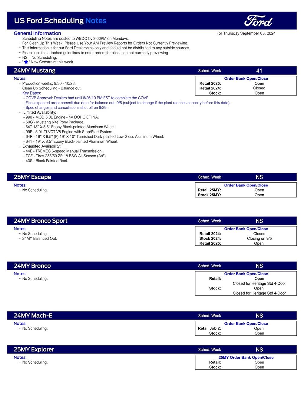 S650 Mustang 2024 Mustang Scheduling This Week (9/5/24) for Production Weeks 9/30 - 10/28 US Ford Scheduling Notes - 9.3.24-1
