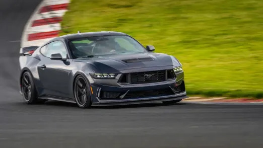 S650 Mustang 2025 GT Review ustang-Dark-Horse-track-front-three-quarter-action