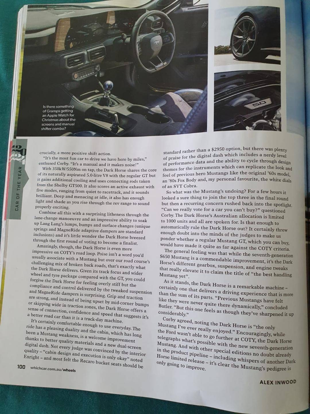 S650 Mustang Wheels (AUS) Magazine eliminates Mustang Dark Horse from 2024 Car of the Year (COTY). Wheels Car of the Year 2024-2