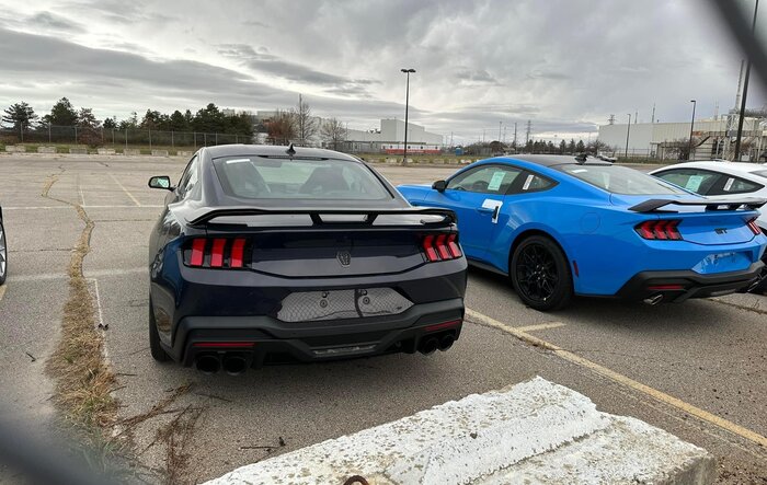 Shadow Black Dark Horse and Grabber Blue Mustang GT S650 spotted at Flat Rock Assembly Plant