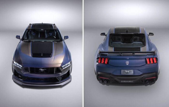 New 2024 Mustang Dark Horse details: color-shifting Blue Ember paint, stripe options, interior look