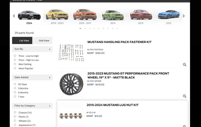 2024 Mustang section live on Ford Performance Parts website