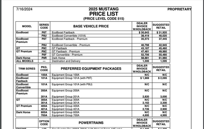 2025 Mustang Order Guide and Price List Released
