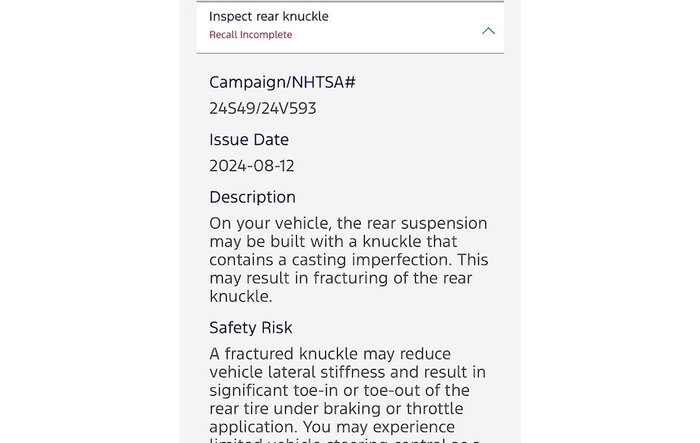NHTSA 24S49 Safety Recall - Inspect Rear Knuckle