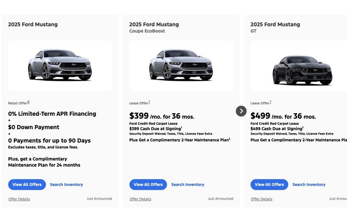 0% interest (48 months) and Leasing Incentives announced for Mustang.